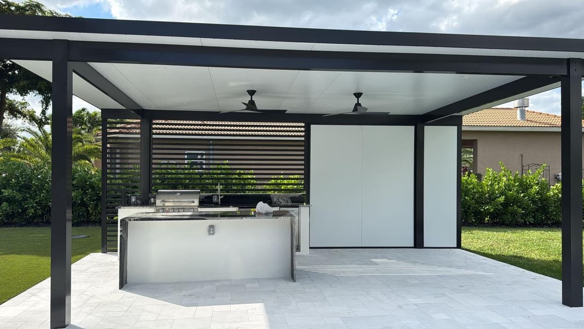 Dark pergola with pool and patio area